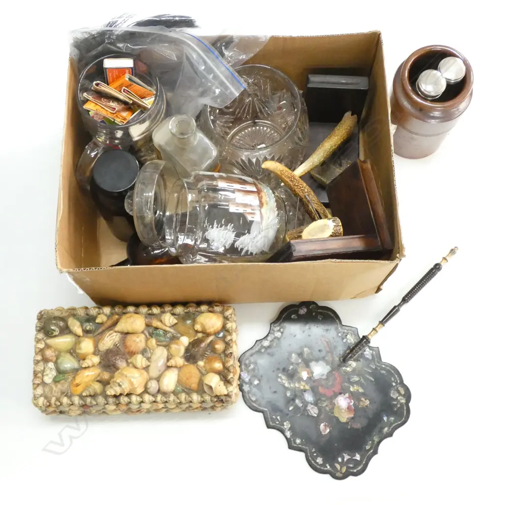 BOX LOT BOTTLES, FAN, SHELL BOX, GLASSWARE ETC Image 1++