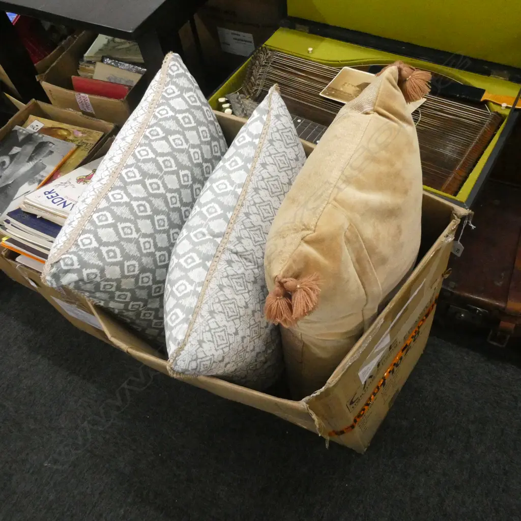 BOX OF QUALITY SOFT FURNISHINGS (4 DESIGNER CUSHIONS AND 2 DUVET COVER SETS - DOUBLE/QUEEN) Image 1++