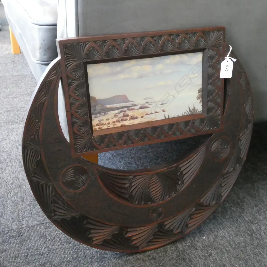 TRAMP ART FRAME (carved) w. OIL LANDSCAPE DATED 1902 460mm x 430mm overall Image 1++
