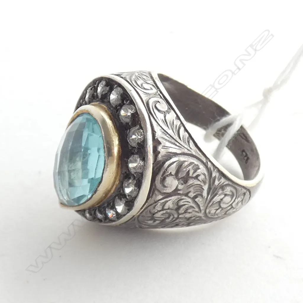  TURKISH OTTOMAN STYLE SS DRESS RING WITH CZ & BLUE STONE SIZE O Image 1++