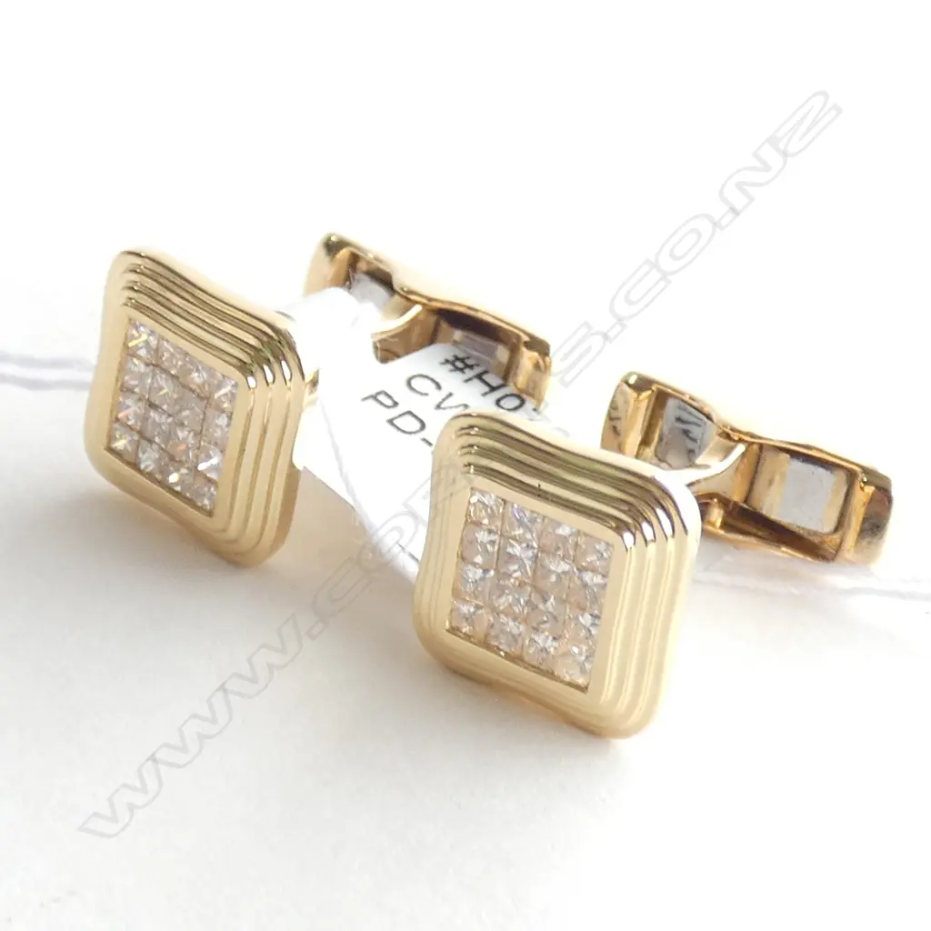Pair of 18ct yellow gold and diamond square cufflinks, Image 1++