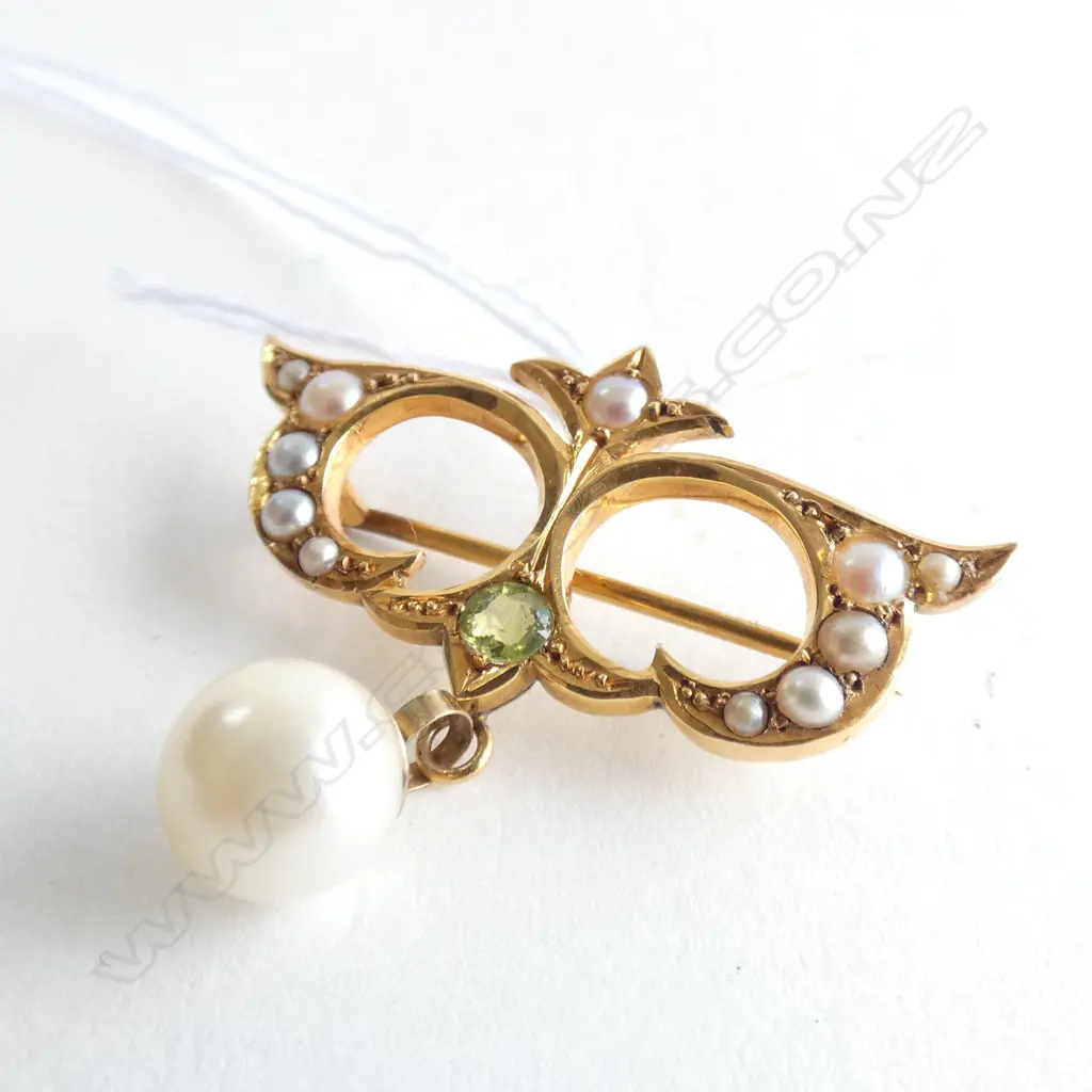 (19190)EDW 15CT GOLD PEARL PERIDOT PENDANT/BROOCH Image 1++