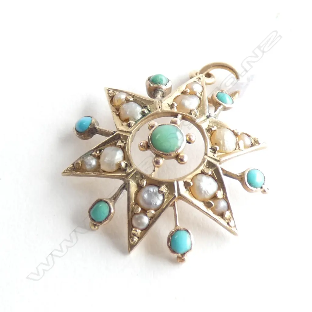 (19190) EDW. 15CT GOLD STAR BURST PENDANT TURQUOISE & PEARL Image 1++