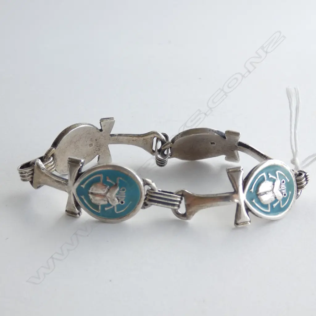 SILVER & BLUE ENAMEL EGYPTIAN ANKH SCARAB BRACELET Image 1++
