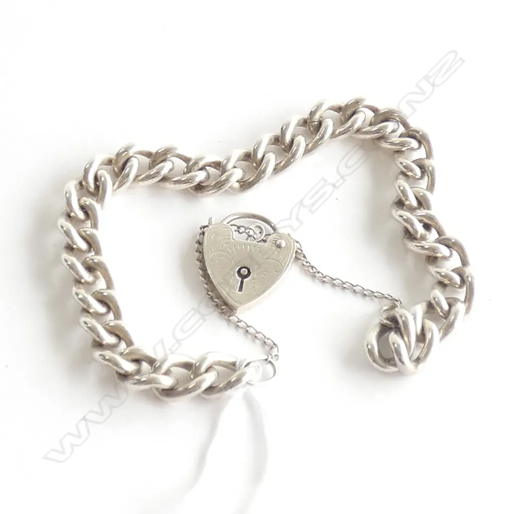 (19502) SILVER CURB LINK BRACELET HEART PADLOCK CLASP Image 1++