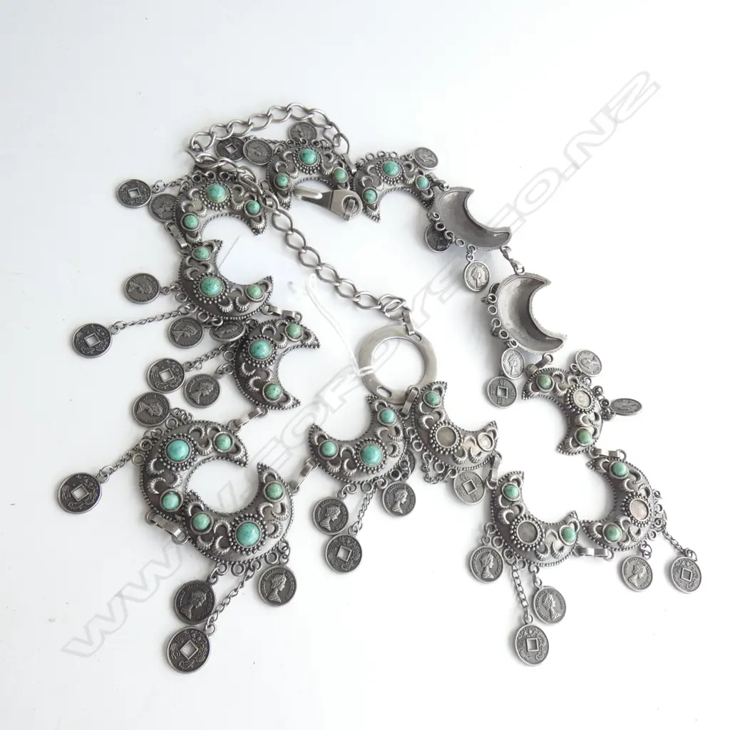 METAL CHAIN BELT; CRESCENT MOONS SET WITH BLUE STONES & SMALL OLD COINS .... Image 1++