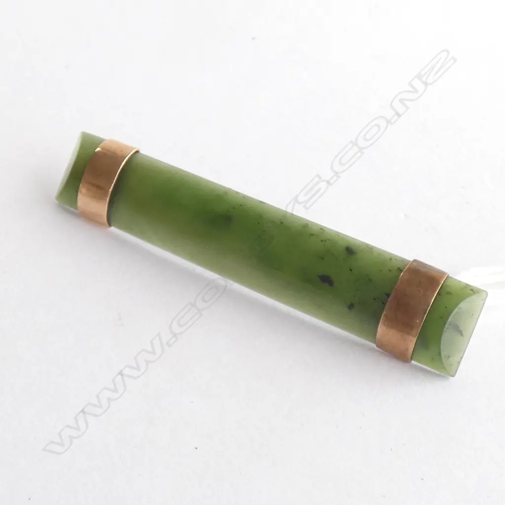 (19929) OLD GREENSTONE & 9CT GOLD BAR BROOCH L. 55MM Image 1++
