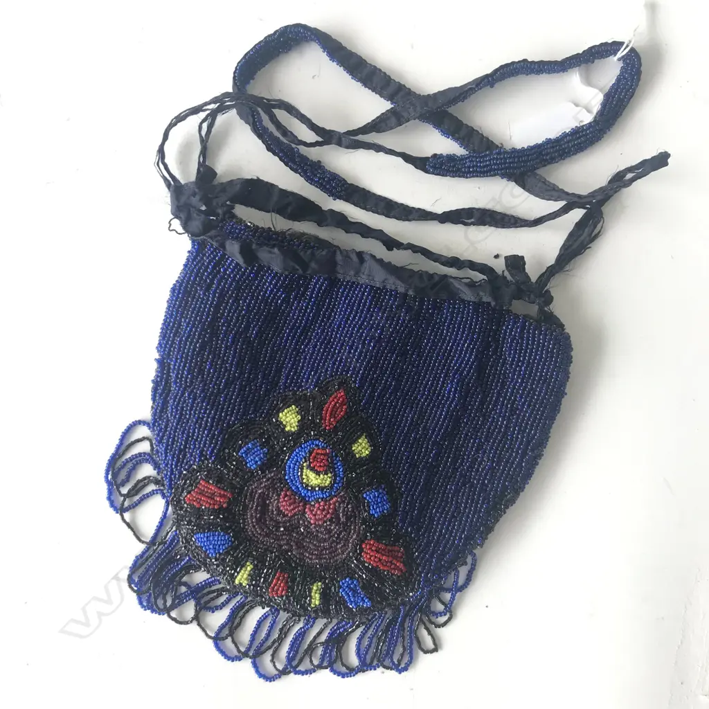 ANTIQUE BEADED HANDBAG WITH SMALL MIRROR LONG AND SHORT HANDLES Image 1++