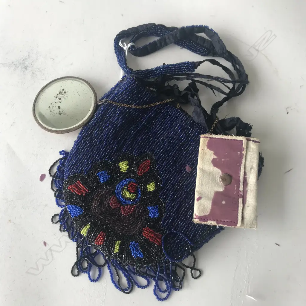 ANTIQUE BEADED HANDBAG WITH SMALL MIRROR LONG AND SHORT HANDLES Image 1++