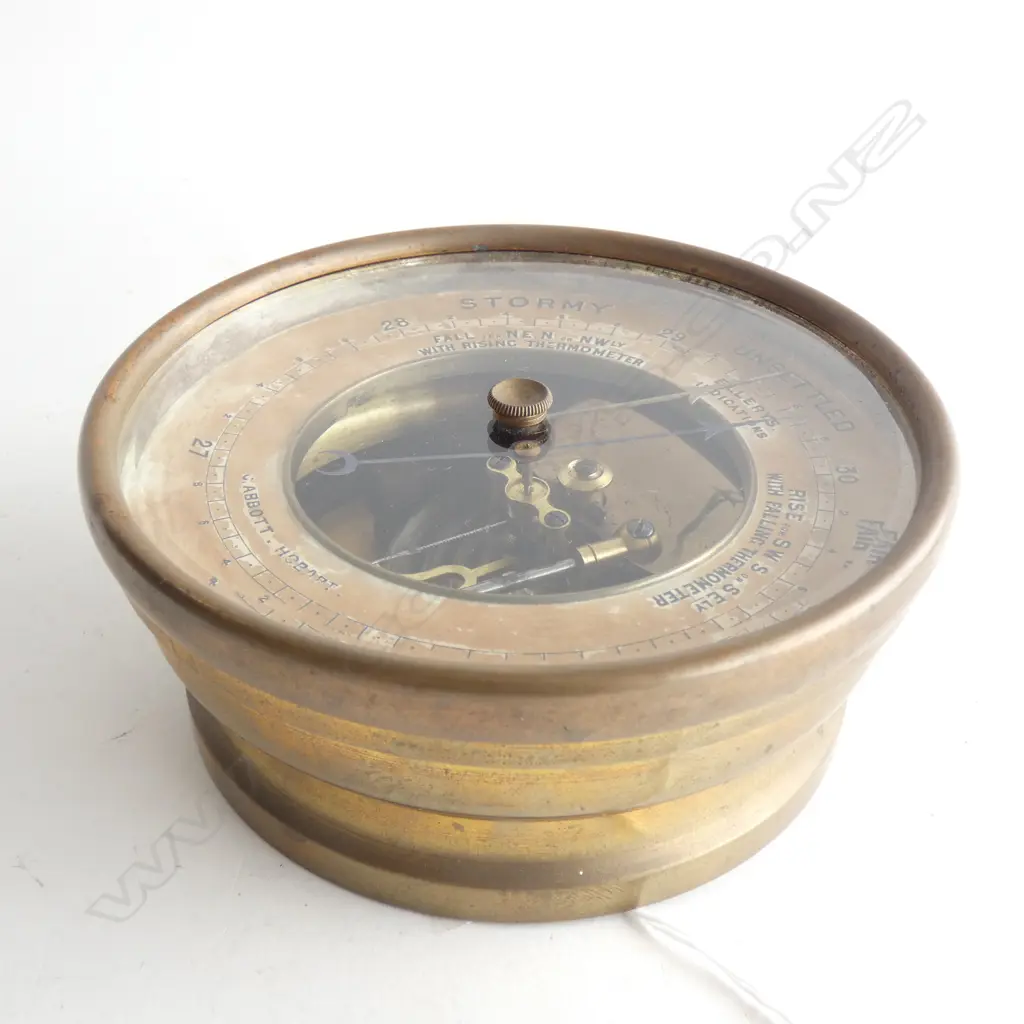 C1910 BRASS CASE BAROMETER - TASMANIAN RETAILER  DIA. 130MM Image 1++