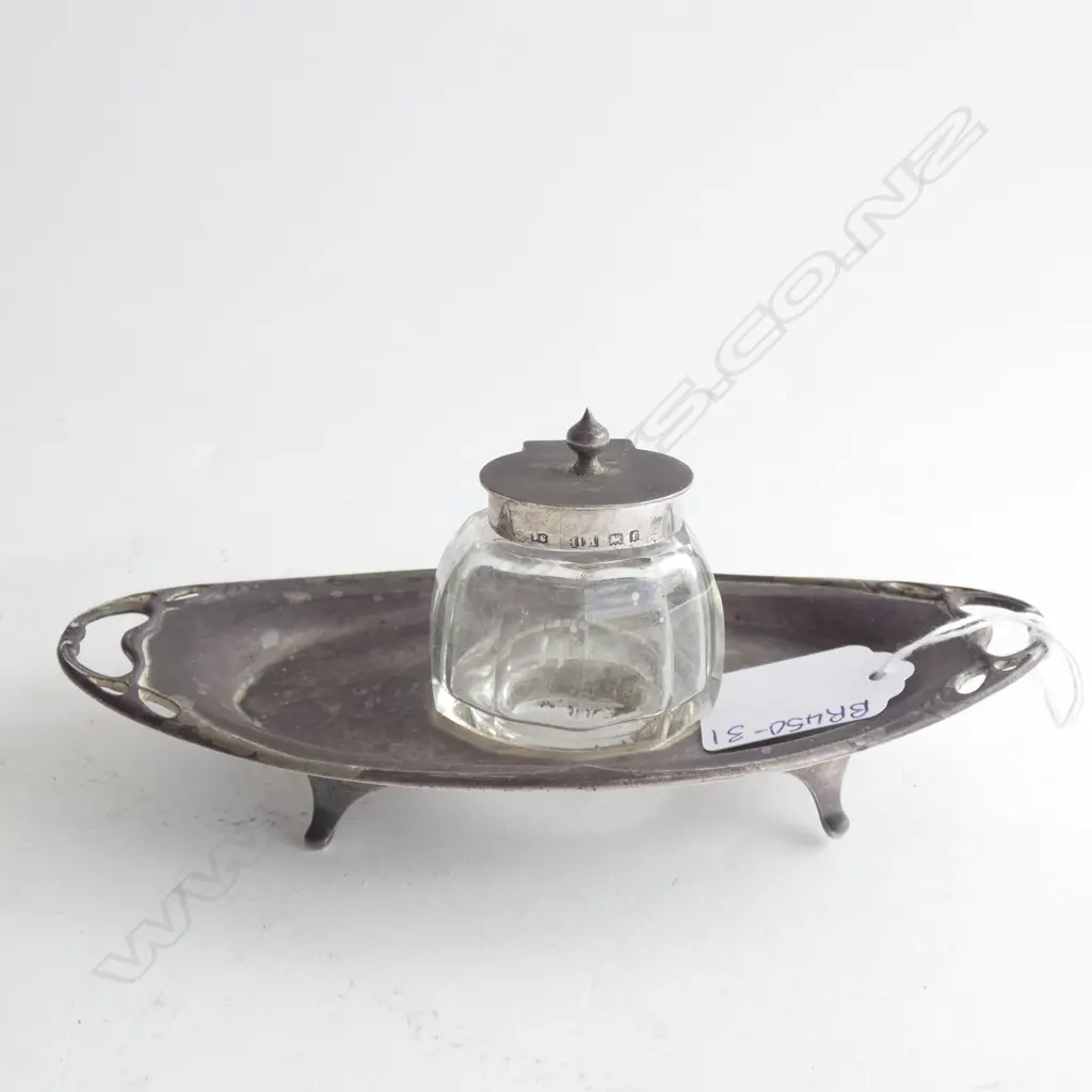 (19986) VINTAGE STG SILVER & GLASS INKWELL - BIRMINGHAM 19... TRAY / LID & COLLAR STG SILVER - NEEDS A GOOD CLEAN Image 1++