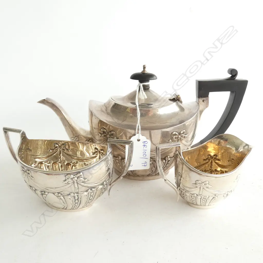 STG SILVER BACHELORS TEAPOT, MILK & SUGAR B'HAM 1911 393 GRAMS TOTAL Image 1++