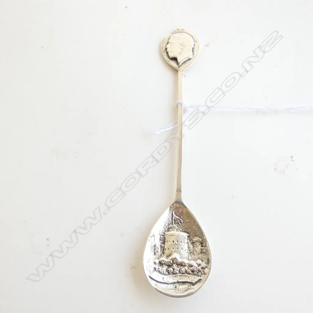 GEO V SILVER SPOON w KING'S PORTRAIT FINIAL & WINDSOR CASTLE BOWL, by WALKER & HALL, B'HAM 1911 Image 1++