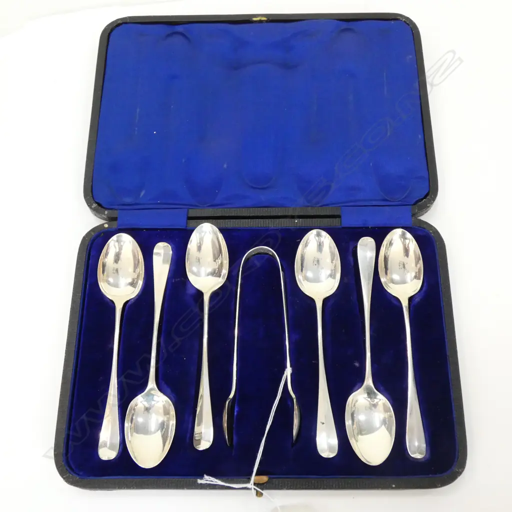 CASED SET SILVER RATTAIL COFFEE SPOONS & TONGS, by BARKER BROS., CHESTER 1908. 78gm Image 1++