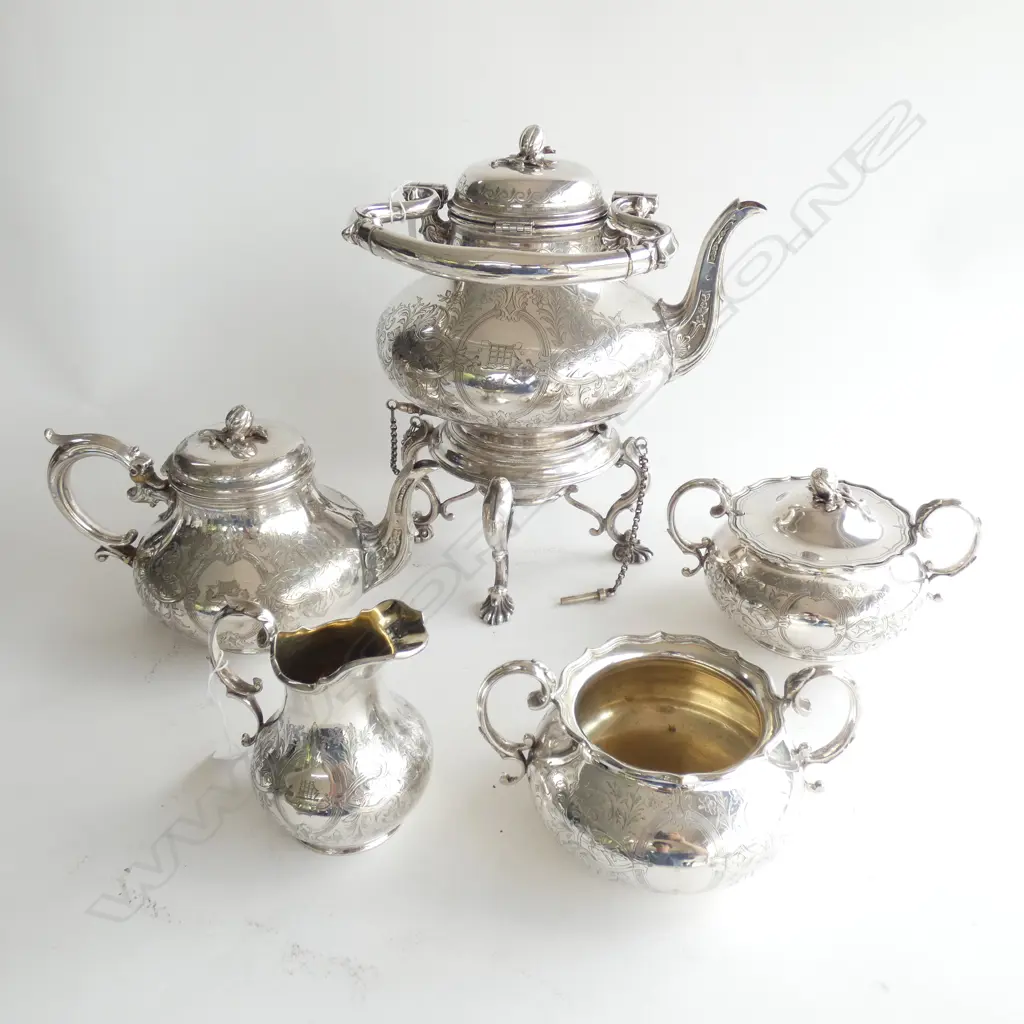 A 19THC 5PC TEA SERVICE INCLUDING A SPIRIT KETTLE H 400 MM Image 1++