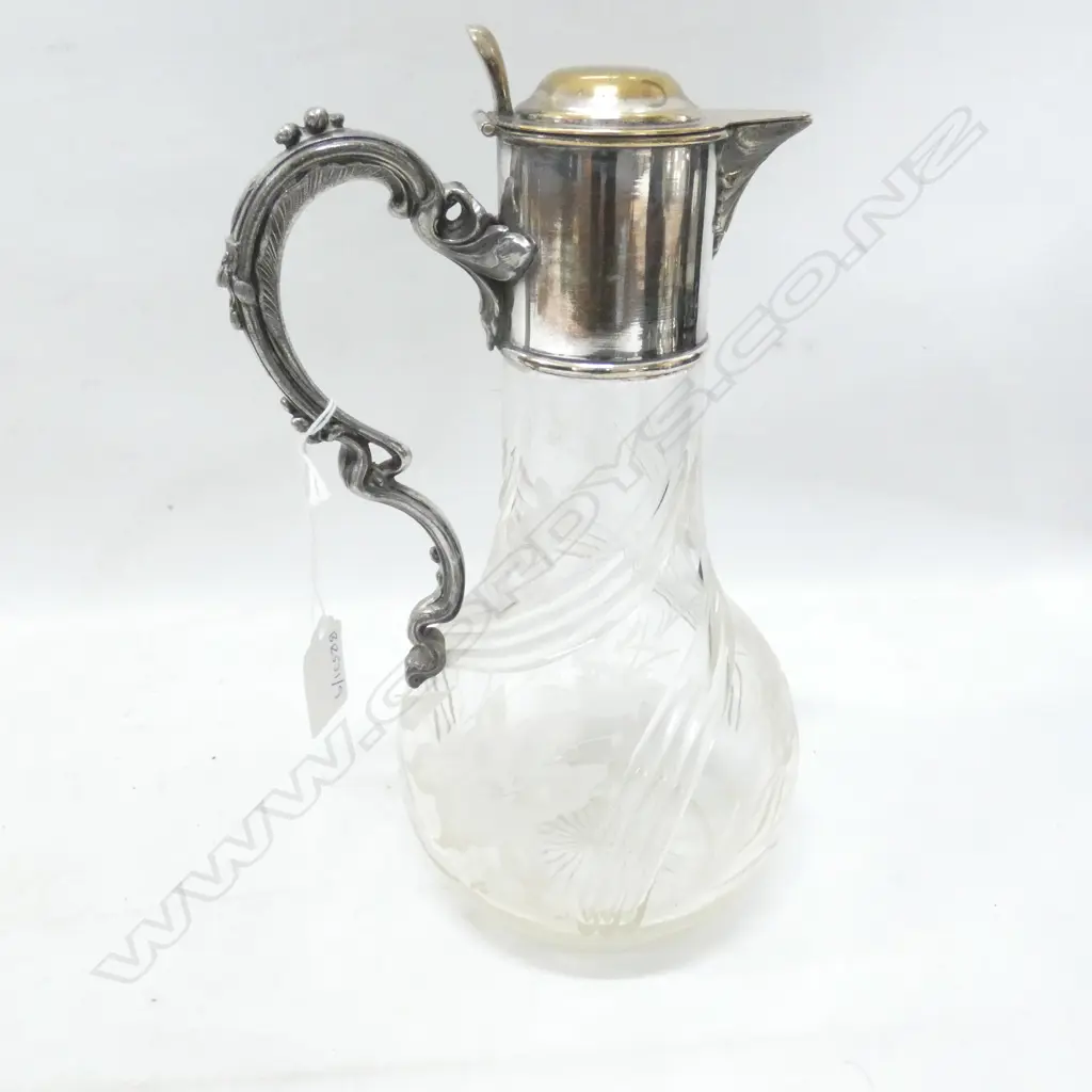 VICTORIAN CLARET JUG ETCHED LILIES STAR CUT BASE SILVER PLATE MOUNT H.260mm Image 1++