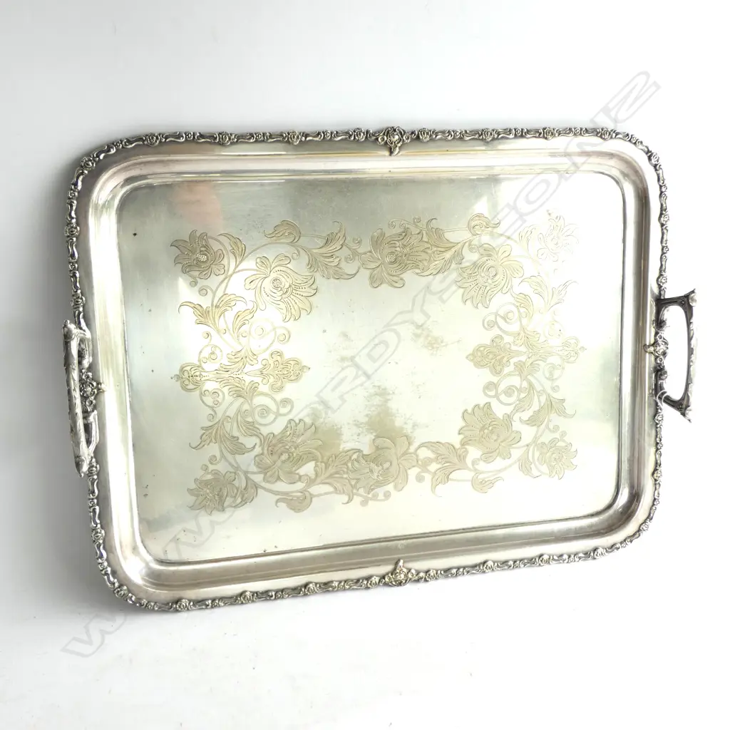 ENGRAVED SILVER PLATE HANDLED TRAY 465x350mm Image 1++