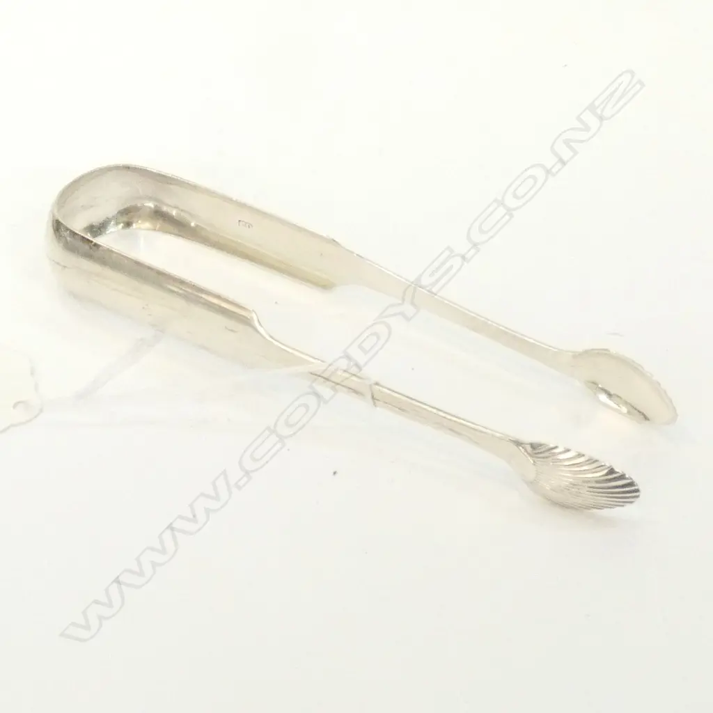 PR GEO III SCOTTISH SILVER SUGAR TONGS, by CHAS. DALGLEISH, E'BURGH 1817. FIDDLE PATTERN w SHELL BOWLS. 37gm Image 1++