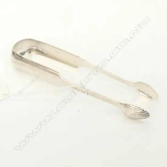 PR GEO III SCOTTISH SILVER SUGAR TONGS, by CHAS. DALGLEISH, E'BURGH 1817. FIDDLE PATTERN w SHELL BOWLS. 37gm