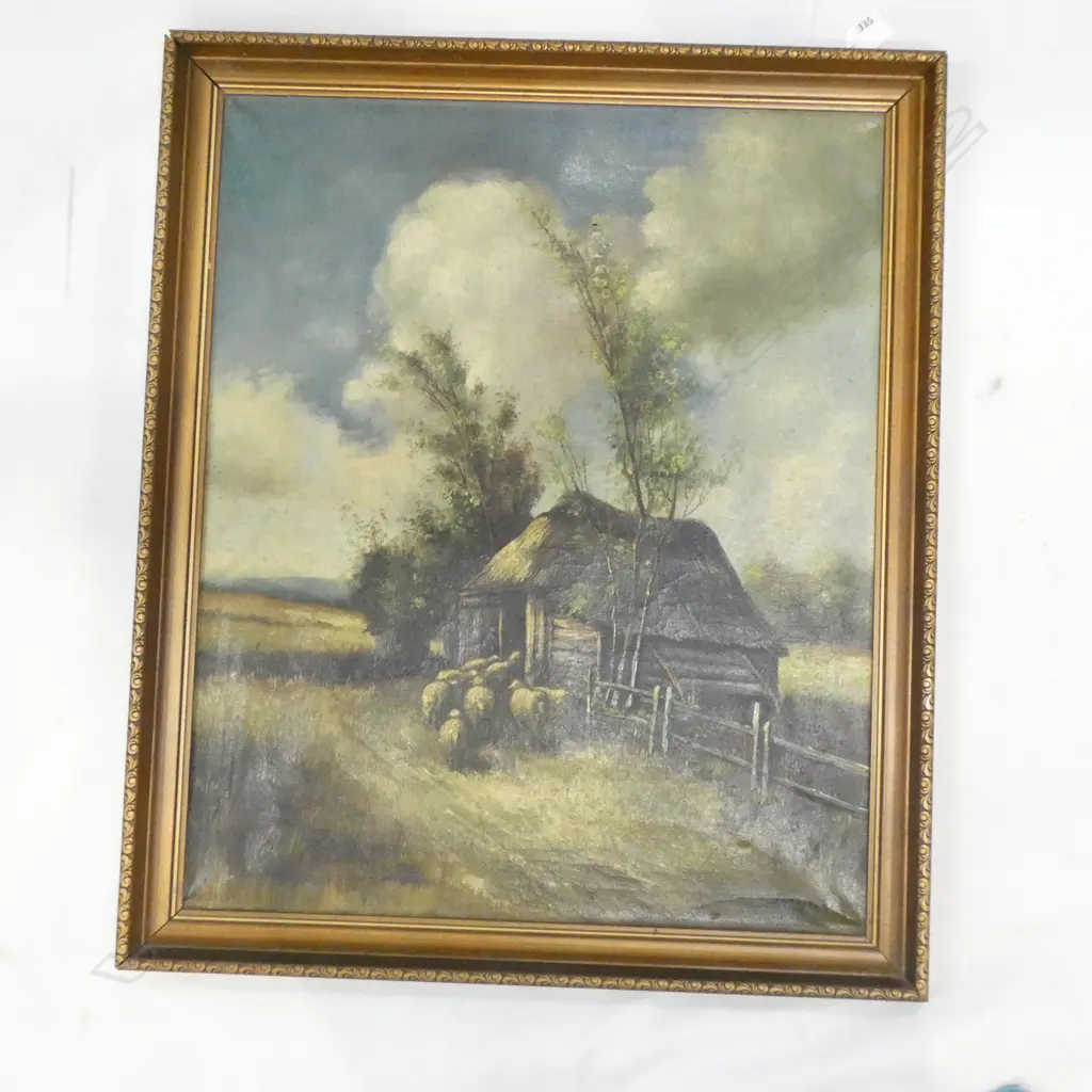 SIGNED 19thC OIL ON CANVAS - SHEEP AND BARN... Image 1++