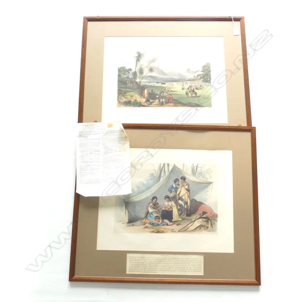 2 FRAMED 1852 CAPT. OLIVER NZ LITHOGRAPHS; A KORERO & HALF CASTES Image 1++