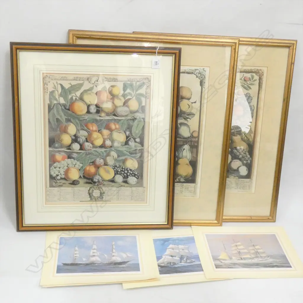 3 FRAMED PRINTS OF THE 17thC FURBER'S BOTANICAL CALENDAR. PLUS 4 UNFRAMED SHIP PRINTS Image 1++