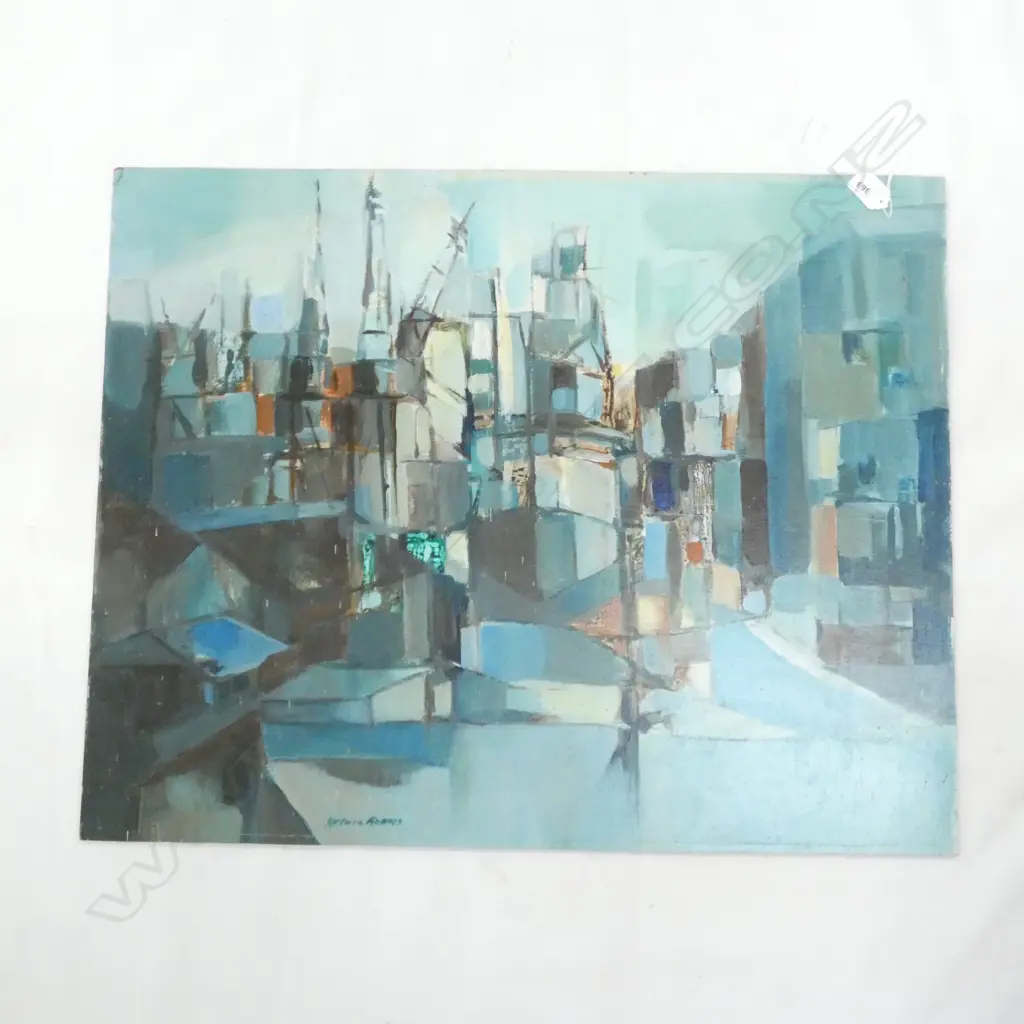 SYLVIA ROBINS ASTRACT HARBOUR SCENE OIL ON BOARD UNFRAMED 560x705mm Image 1++