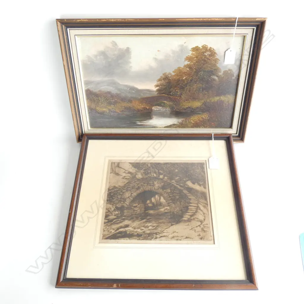 PR OLD PAINTINGS; OIL ON BOARD BRIDGE (395 X 245) & SIGNED OLD BRIDGE ENGRAVING  Image 1++