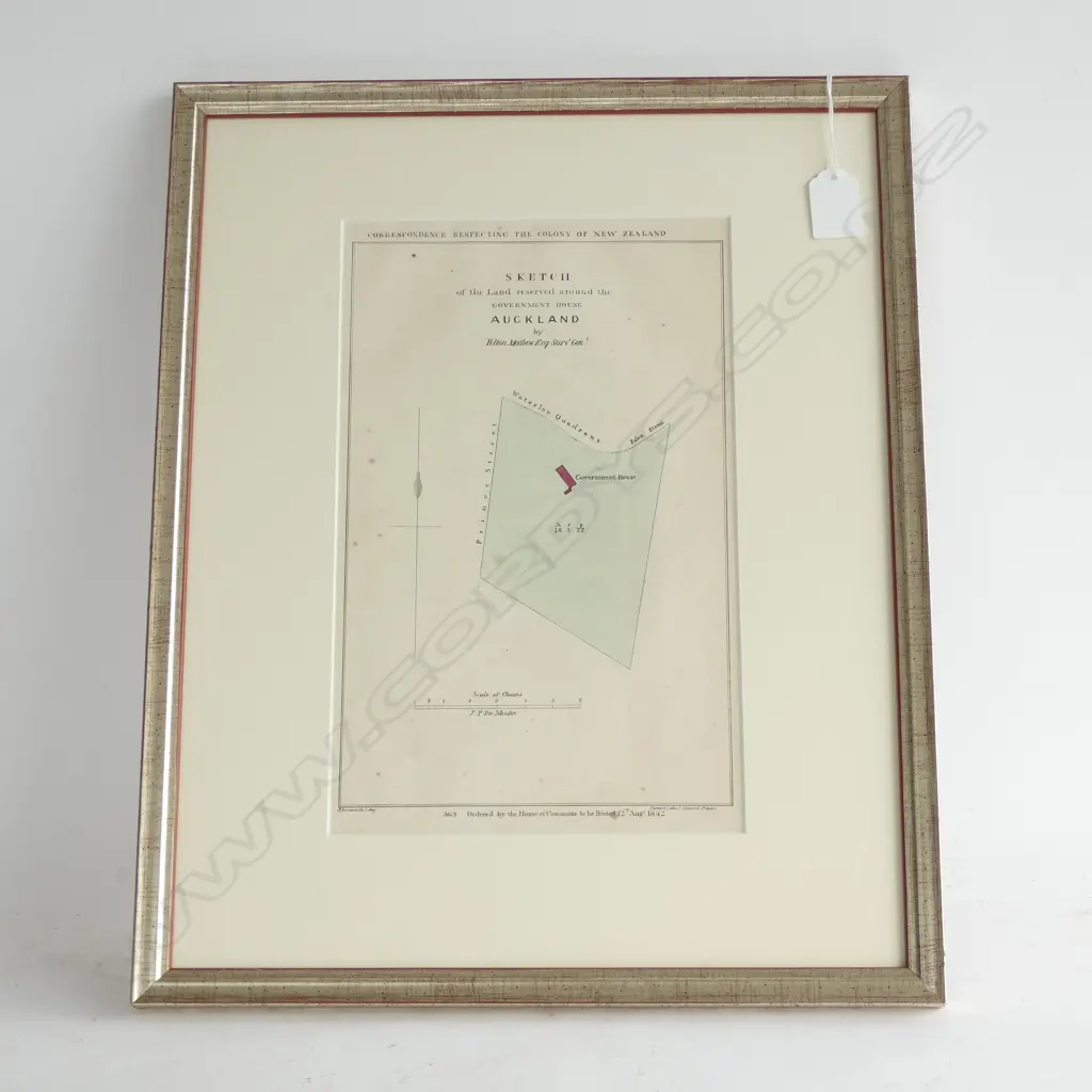 SKETCH OF LAND RESERVED AROUND GOVT. HOUSE, AUCKLAND 1842 - HANDCOLOURED LITHO.. Image 1++