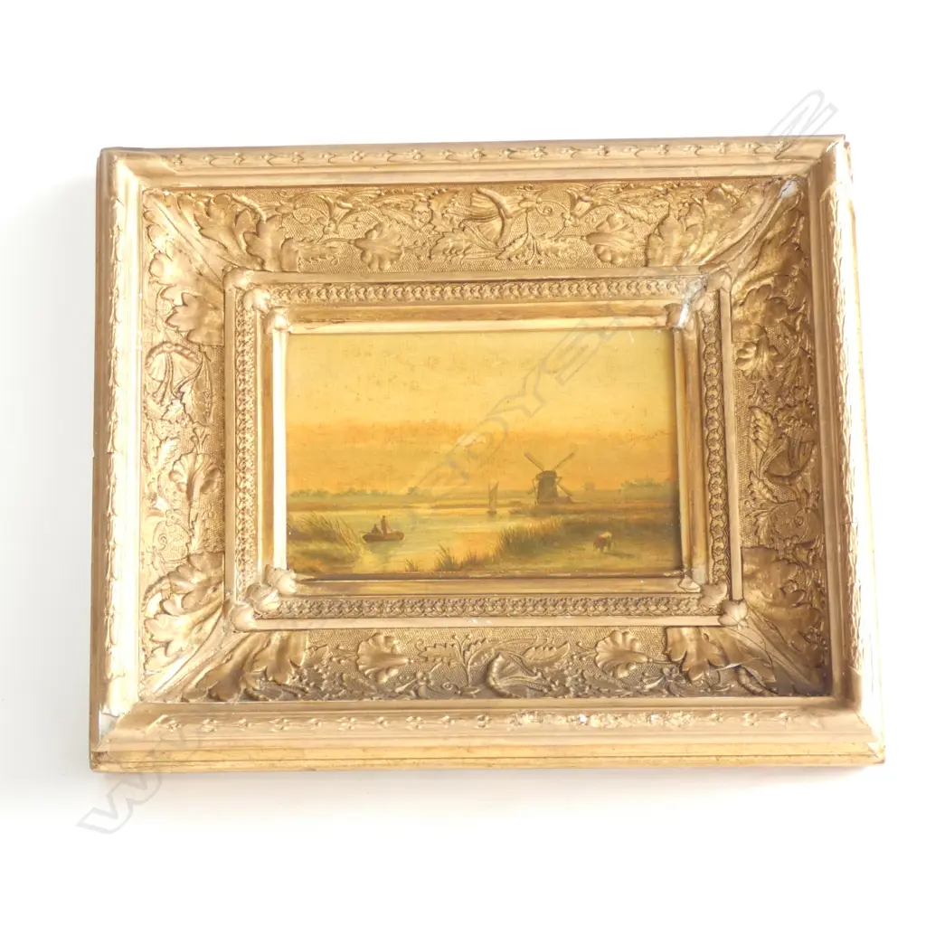 GILT FRAMED OLD DUTCH WINDMILL SCENE OIL PAINTING 160 X 100MM Image 1++