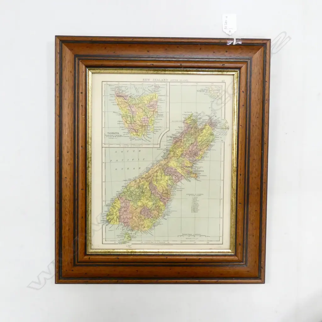 NZ SOUTH ISLAND MAP FROM AN OLD ATLAS, FRAMED. 410 X 365mm OVERALL Image 1++