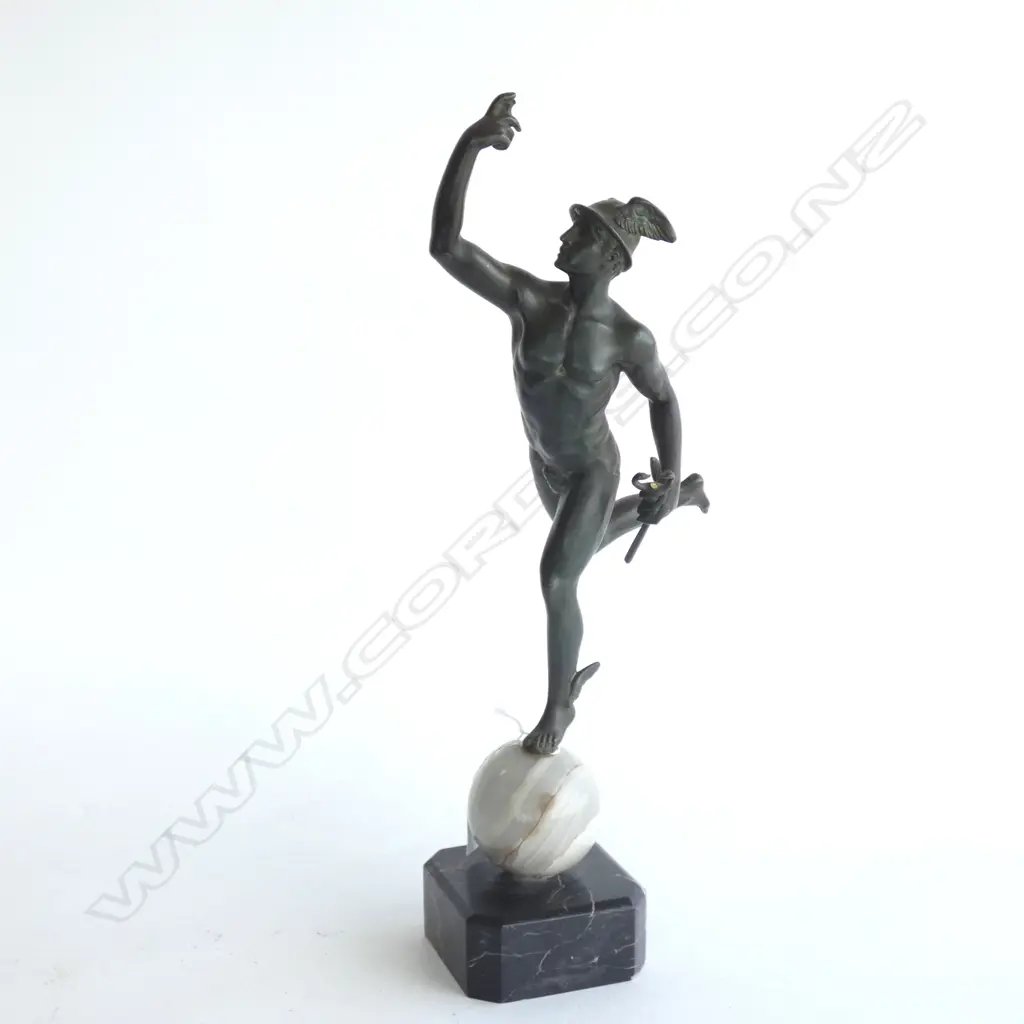 (19597) BRONZE MALE FIGURE ON MARBLE BALL & PLINTH. HAS WINGS ON HIS HELMET & FEET H. 405MM Image 1++