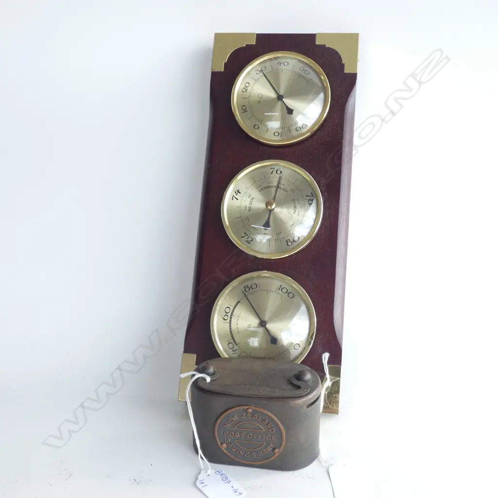 OLD NZ POST OFFICE SAVINGS BANK MONEY BOX & WALL BAROMETER Image 1++