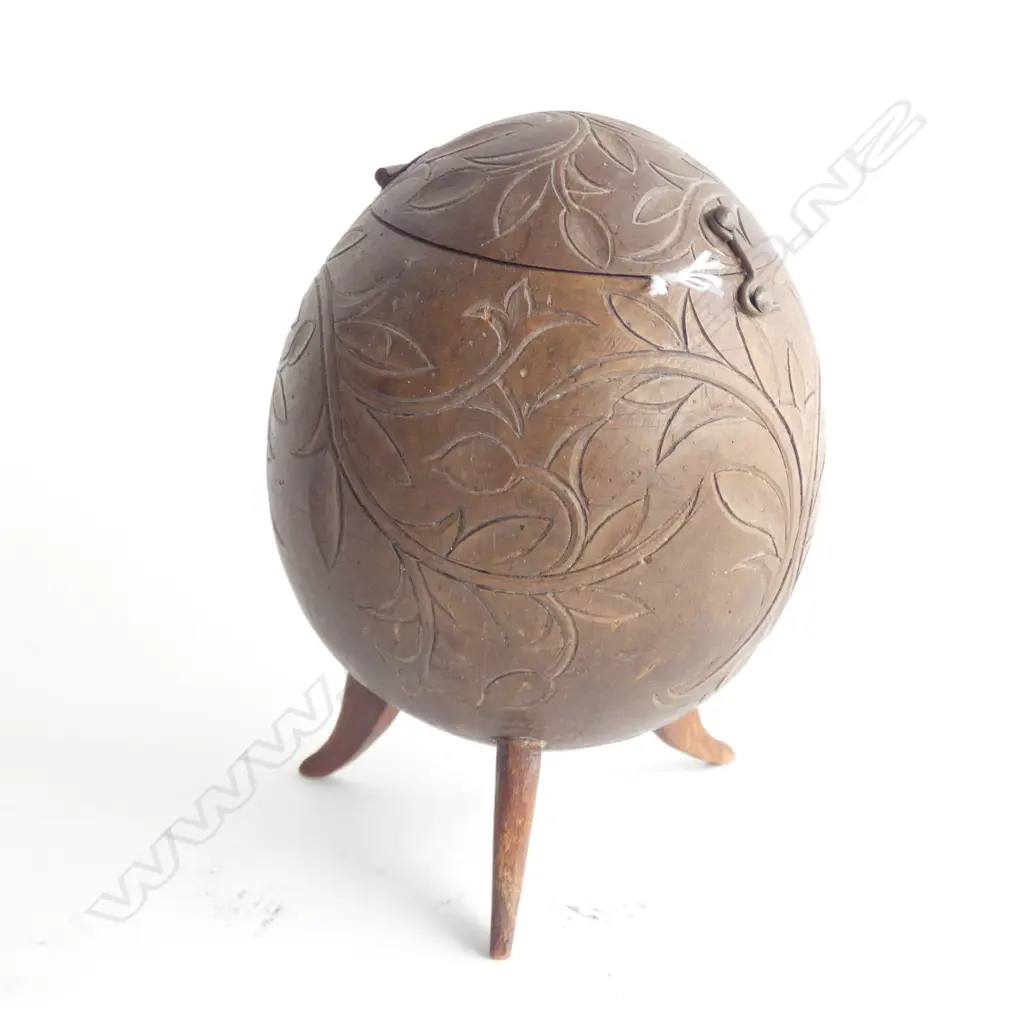 COCONUT LIDDED BOX, EX MIKE HIGGS COLLECTION, w LOW RELIEF CARVED LEAFY TENDRILS. H.130mm Image 1++