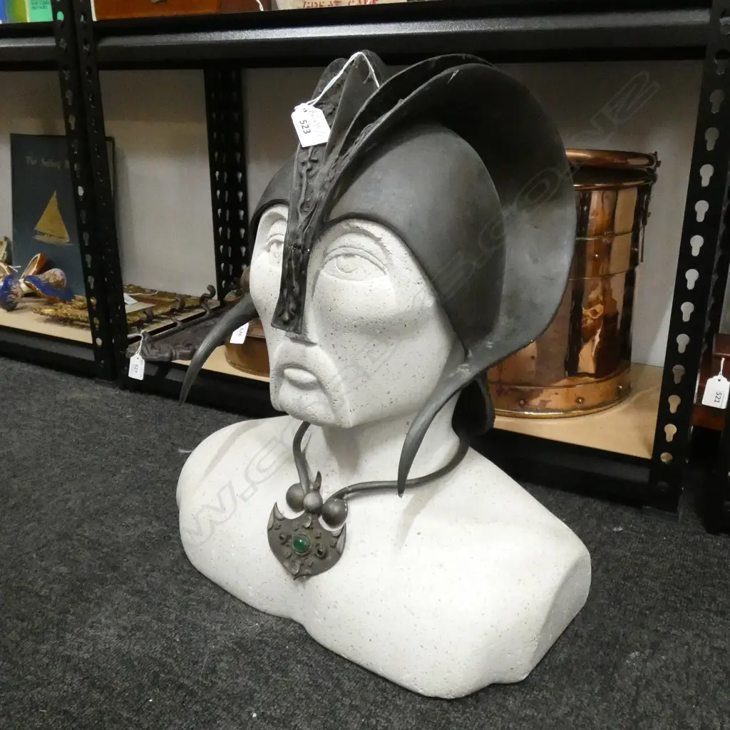 SANDSTONE(?) BUST WITH BRASS HELMET NECKLACE BY STEVE WHEELER Image 1++