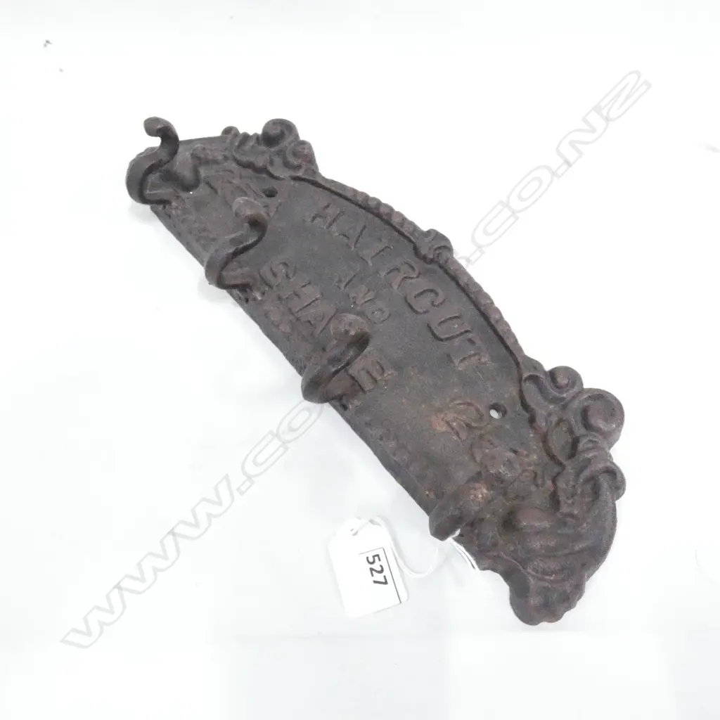 VINTAGE STYLE CAST IRON 'HAIRCUT & SHAVE 25c' COAT HANGER W.325mm Image 1++