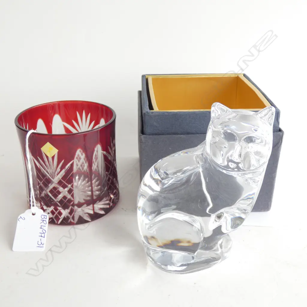ORREFORS GLASS CAT (H.130MM)  & CRANBERRY CUT GLASS IN BOX DIA  80MM Image 1++