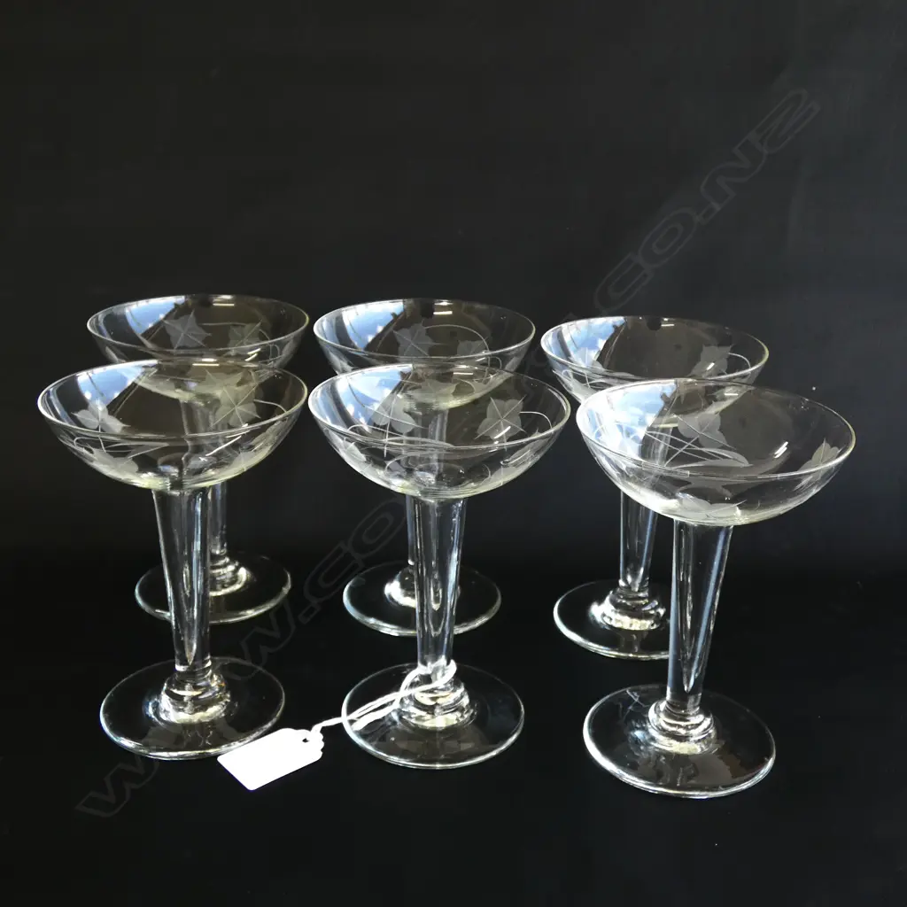 6 HOLLOW STEM ETCHED CHAMPAGNE GLASSES Image 1++