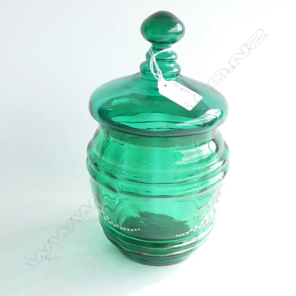 VICTORIAN GREEN GLASS & ENAMELLED LIDDED JAR Image 1++