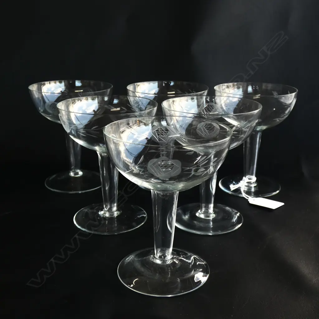 SET OF 6 ROSE ETCHED HOLLOW STEM CHAMPAGNE GLASSES Image 1++