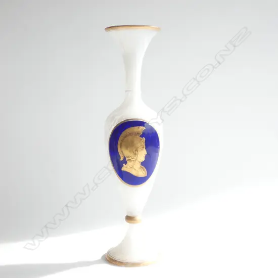 TALL VENETIAN WHITE GLASS VASE GILT ROMAN WARRIOR H.380mm