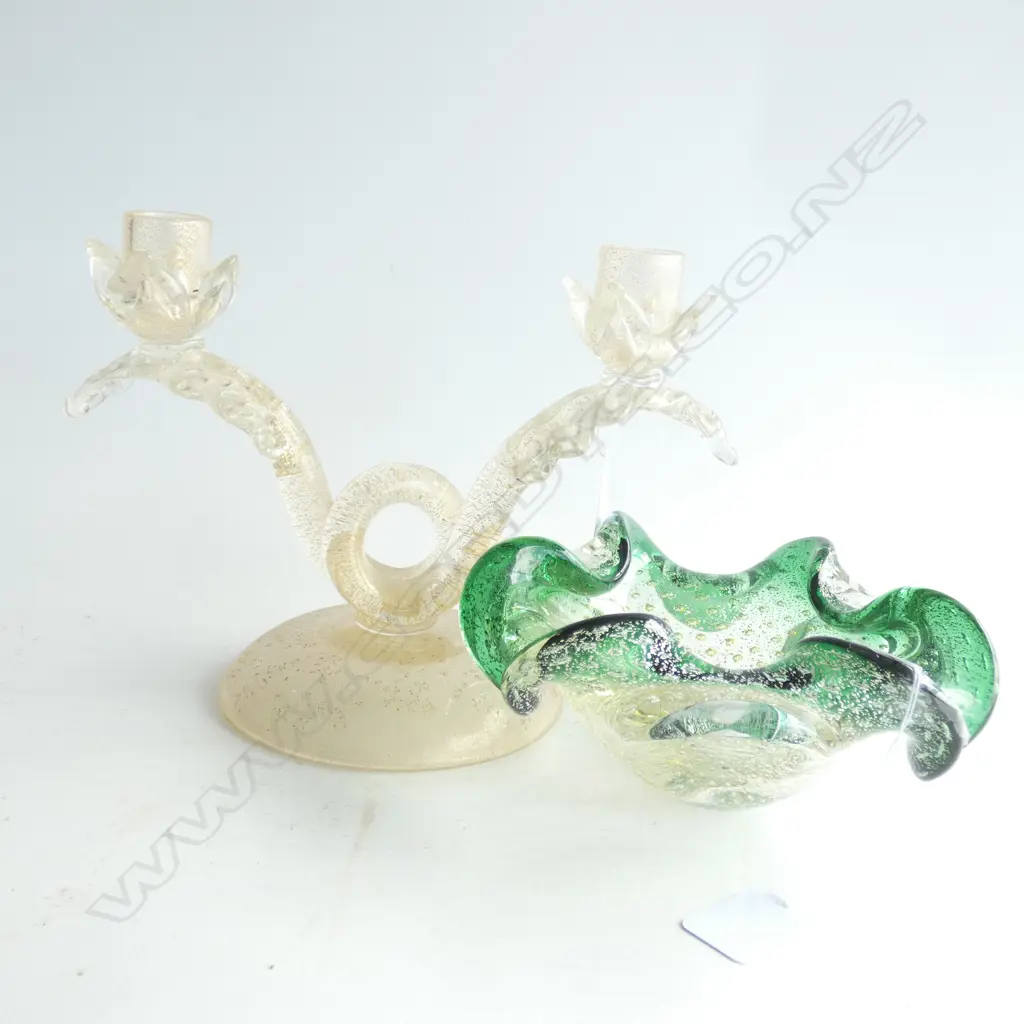 GREEN MURANO BOWL & DOUBLE CANDLEHOLDER W.250mm Image 1++