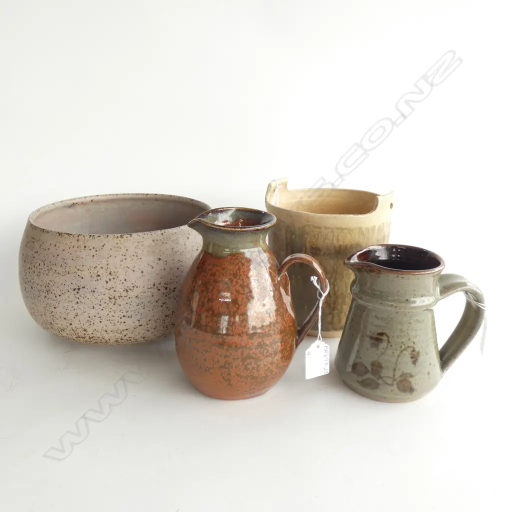 4  POTTERY PCS; LG BOWL (DIA 220MM), ICE BUCKET & 2 JUGS H. 165MM ALL HAVE POTTERS MARKS Image 1++