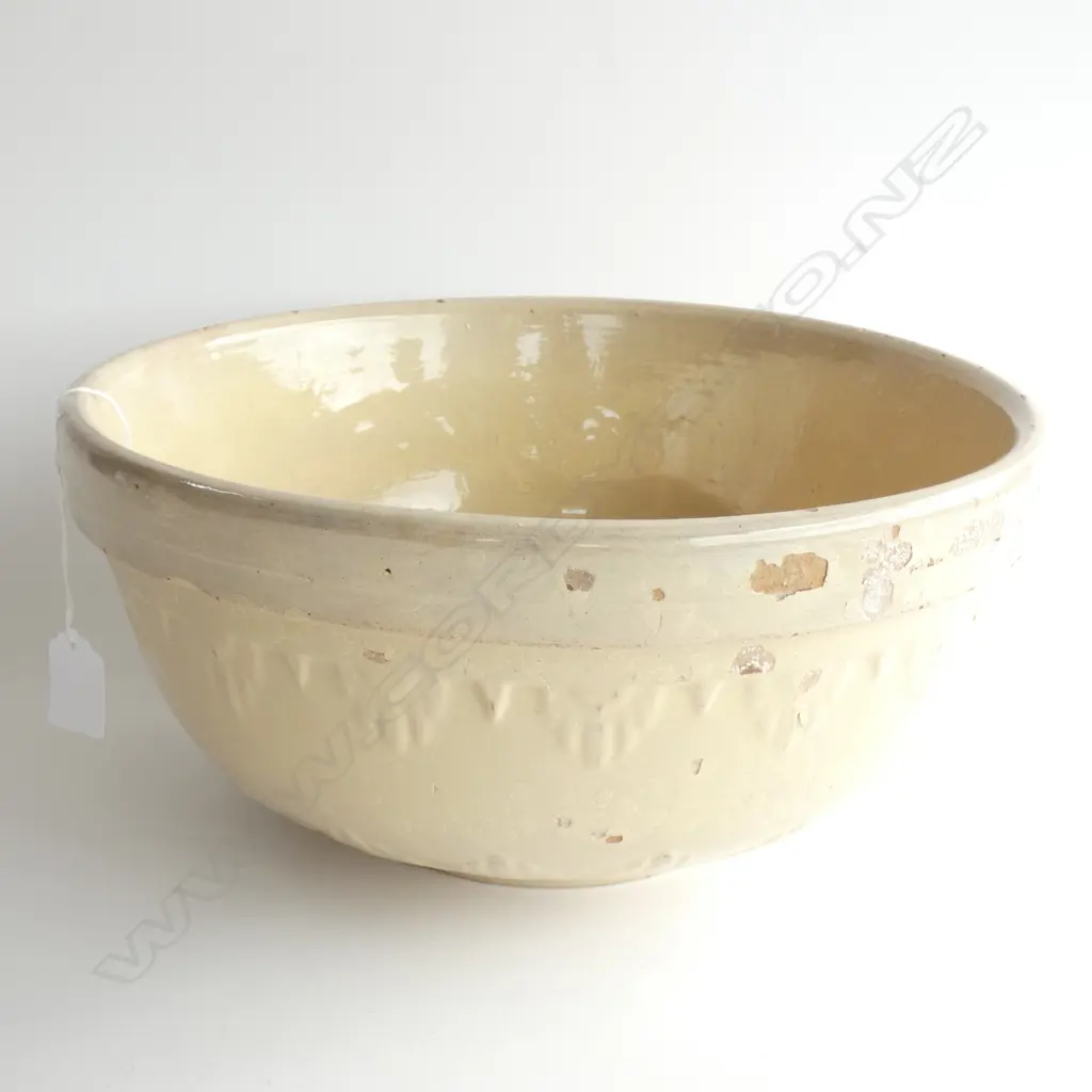 LARGE OLD RUSTIC POTTERY MIXING BOWL GLAZE LOSSES 310mm dia Image 1++