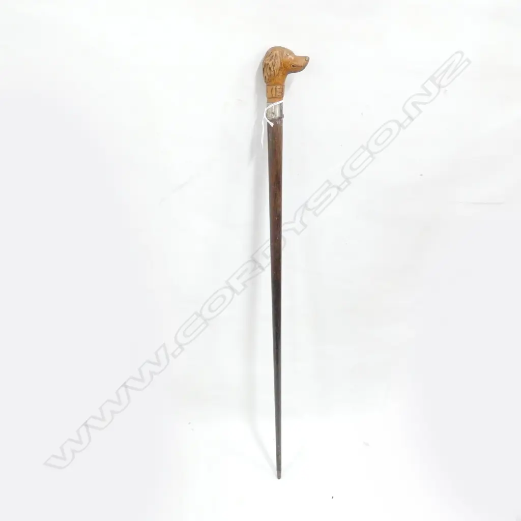 WOODEN WALKING STICK - DOG HANDLE & STG SILVER COLLAR  Image 1++
