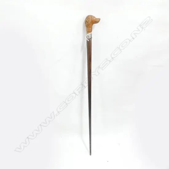 WOODEN WALKING STICK - DOG HANDLE & STG SILVER COLLAR 