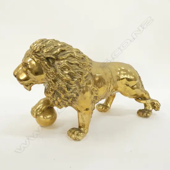 POLISHED BRONZE LION SCULPTURE PAW ON BALL...