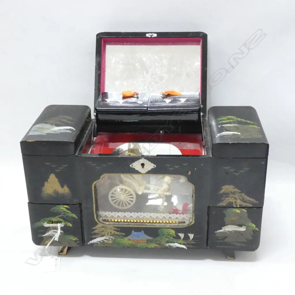 BLACK LACQUER ORIENTAL MUSICAL JEWELLERY BOX L.335mm Image 1++