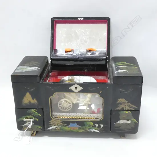 BLACK LACQUER ORIENTAL MUSICAL JEWELLERY BOX L.335mm