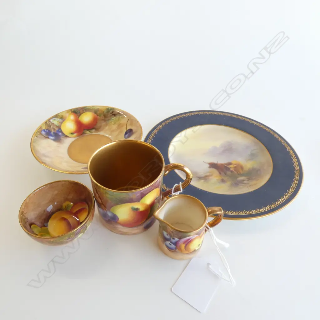 ROYAL WORCESTER GILDED AUTUMN FRUITS DEMI CUP/SAUCER + MINIATURE JUG & BOWL + HIGHLAND CATTLE PLATE.... Image 1++
